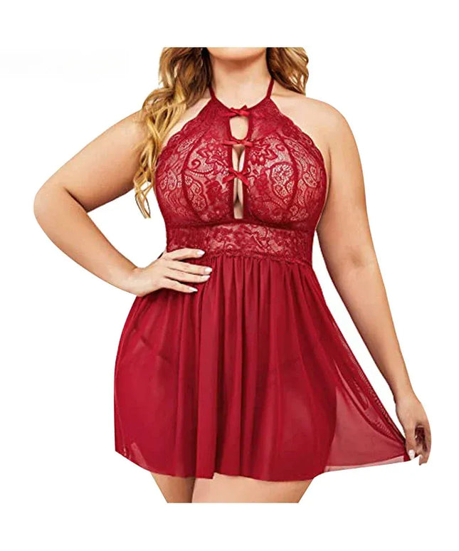 KissICON Red / XXL XL 5XL Curve Halter Lace Lingerie – Cutout Front Sheer
