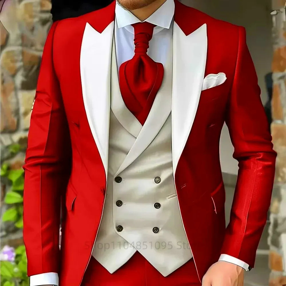 KissICON Red / XXXL Mens Elegant Peak Lapel 3Piece Tuxedo Suit
