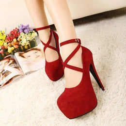 Dropshipman Red12cm / 35 Shoes Woman Pumps Cross-Tied Ankle Strap Wedding Party Shoes Platform Dress Women Shoes High Heels Suede Ladies Shoes Plus Size