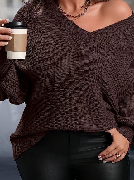 jkthpu-45 Reddish Brown / UK 18 Plus Size, Elegant Plus Size Women's V-Neck Pullover