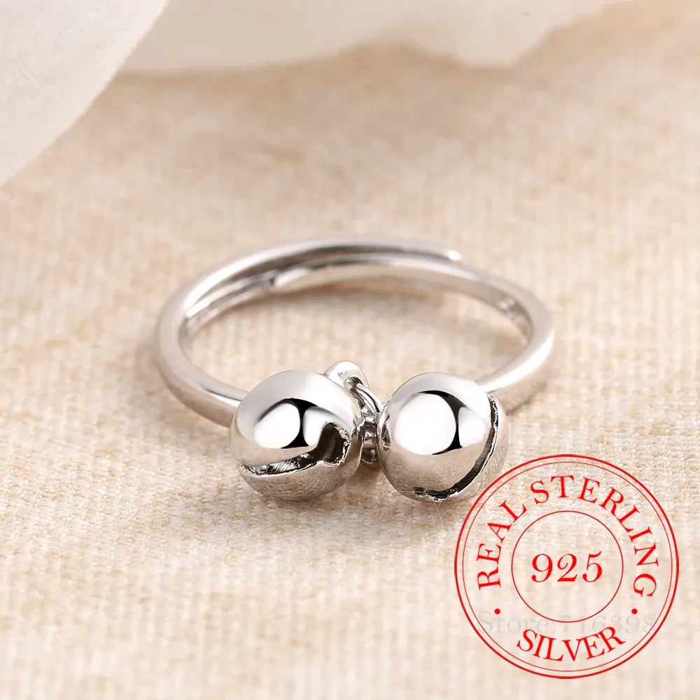 KissICON resizable 925 Sterling Silver Rings Double Jingling Bell