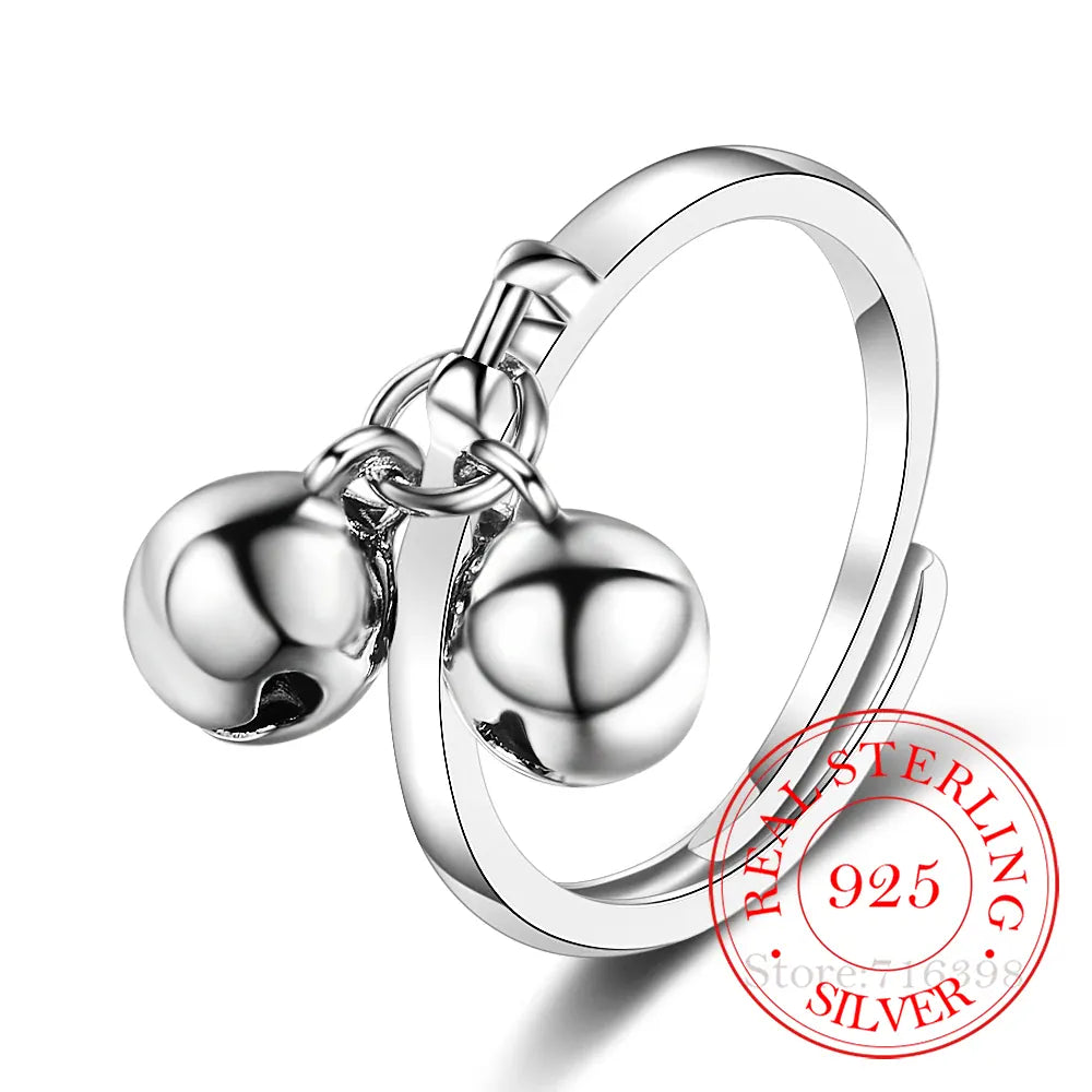 KissICON resizable 925 Sterling Silver Rings Double Jingling Bell