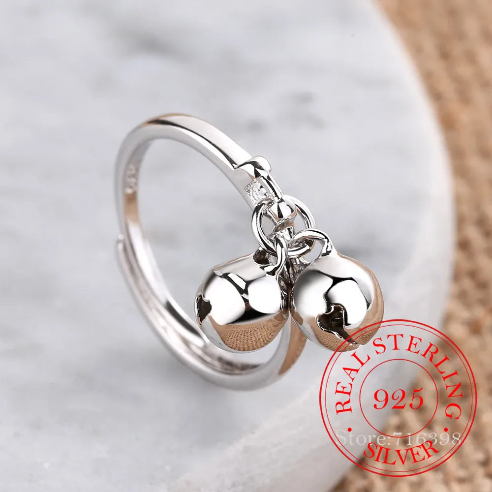 KissICON resizable 925 Sterling Silver Rings Double Jingling Bell