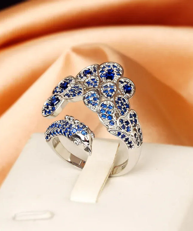 KissICON resizable Creative Peacock 925 Silver Plated Ring for Women Bright Blue AAAA Zircon Open Adjustable Jewelry Silver Jewelry Wedding Ring