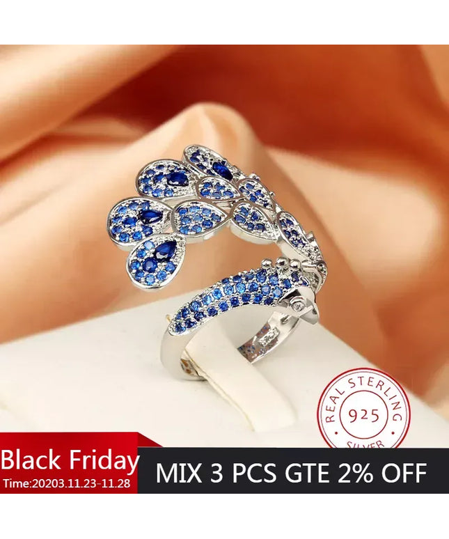 KissICON resizable Creative Peacock 925 Silver Plated Ring for Women Bright Blue AAAA Zircon Open Adjustable Jewelry Silver Jewelry Wedding Ring