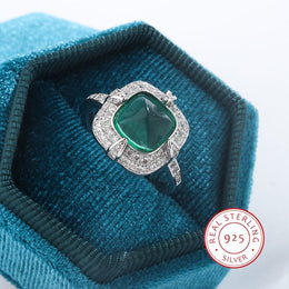 KissICON resizable Exquisite 925 Silver Ring Women Green Cat Eye Zircon