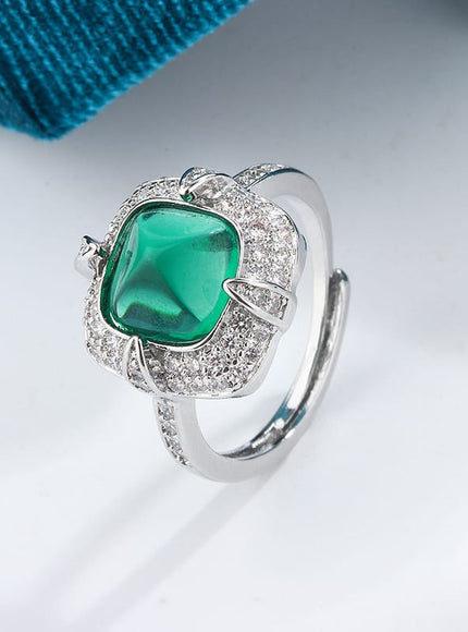 KissICON resizable Exquisite 925 Silver Ring Women Green Cat Eye Zircon