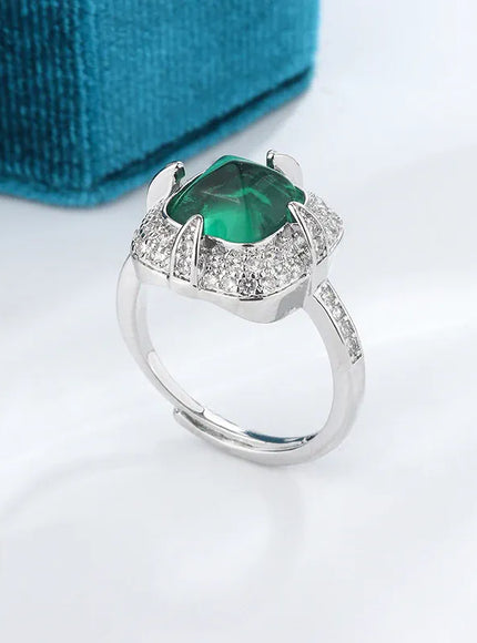 KissICON resizable Exquisite 925 Silver Ring Women Green Cat Eye Zircon