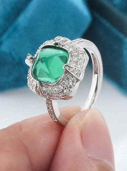 KissICON resizable Exquisite 925 Silver Ring Women Green Cat Eye Zircon