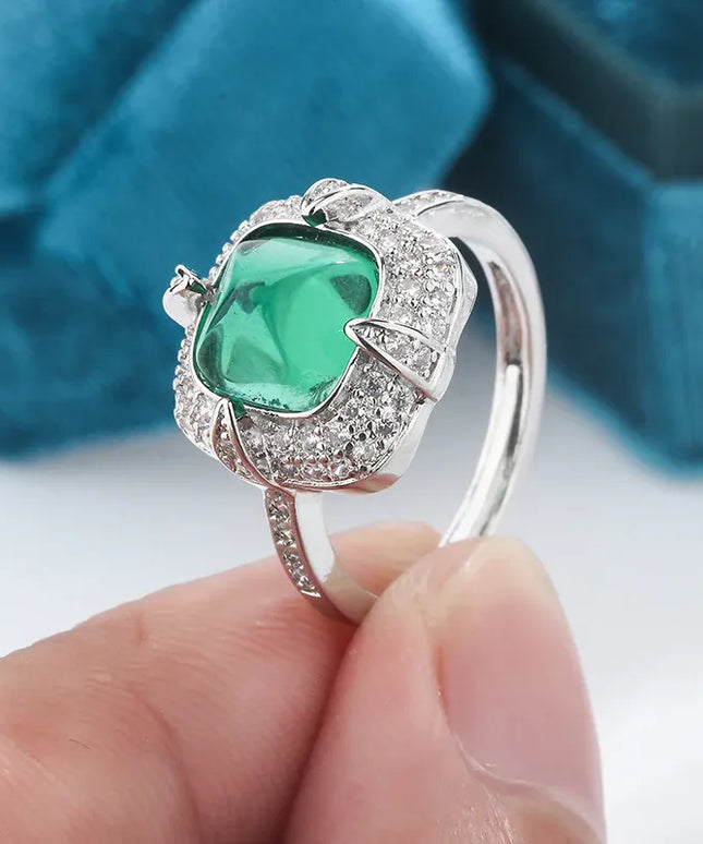 KissICON resizable Exquisite 925 Silver Ring Women Green Cat Eye Zircon