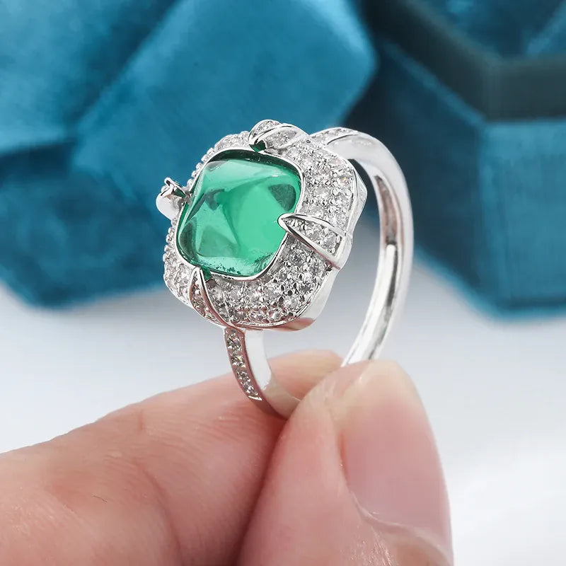 KissICON resizable Exquisite 925 Silver Ring Women Green Cat Eye Zircon
