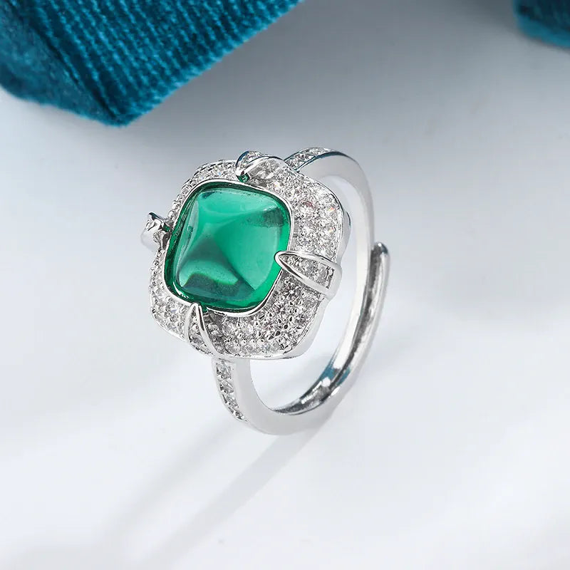 KissICON resizable Exquisite 925 Silver Ring Women Green Cat Eye Zircon