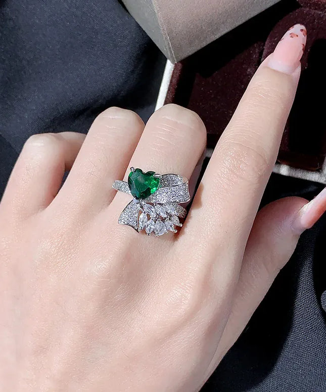 KissICON resizable Exquisite Silver Plated Ladies Green Heart Zircon Bow Ring