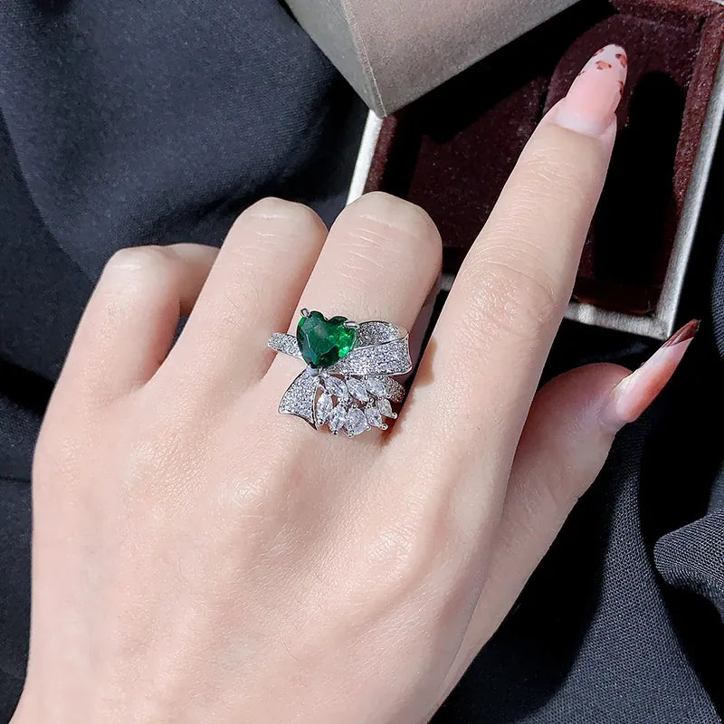 KissICON resizable Exquisite Silver Plated Ladies Green Heart Zircon Bow Ring