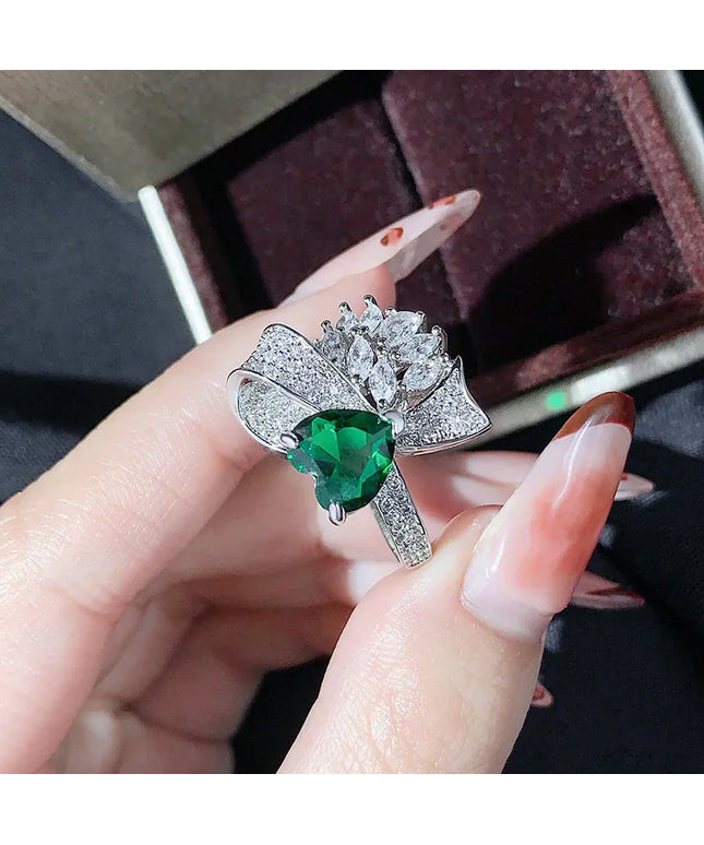 KissICON resizable Exquisite Silver Plated Ladies Green Heart Zircon Bow Ring