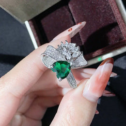 KissICON resizable Exquisite Silver Plated Ladies Green Heart Zircon Bow Ring