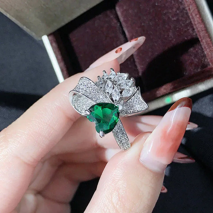 Exquisite Silver Plated Ladies Green Heart Zircon Bow Ring