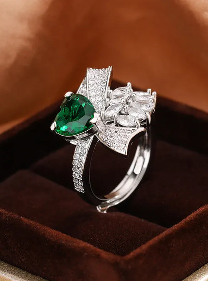 KissICON resizable Exquisite Silver Plated Ladies Green Heart Zircon Bow Ring