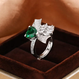 KissICON resizable Exquisite Silver Plated Ladies Green Heart Zircon Bow Ring