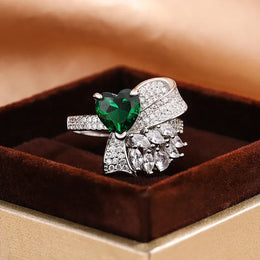 KissICON resizable Exquisite Silver Plated Ladies Green Heart Zircon Bow Ring
