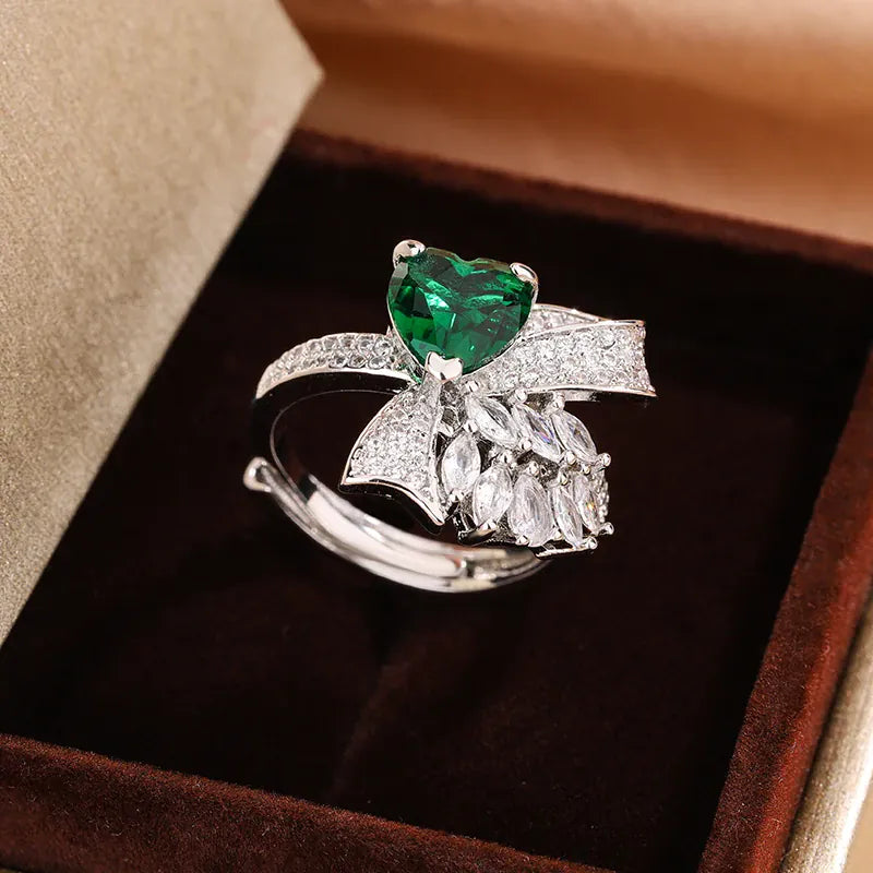 KissICON resizable Exquisite Silver Plated Ladies Green Heart Zircon Bow Ring