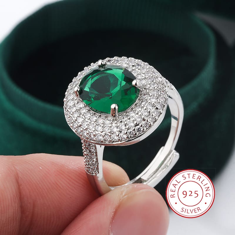KissICON resizable High Quality 925 Silver Plated Zircon Rings for Women Fashion Green Zircon Jewelry Party Ring Exquisite Wedding Bridal Jewelry