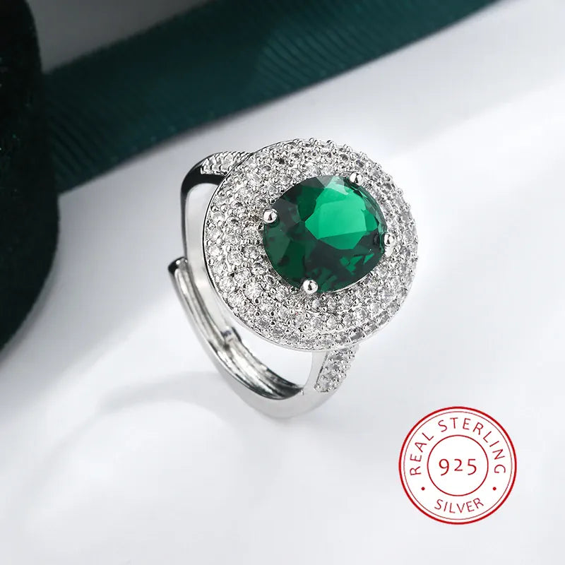 KissICON resizable High Quality 925 Silver Plated Zircon Rings for Women Fashion Green Zircon Jewelry Party Ring Exquisite Wedding Bridal Jewelry
