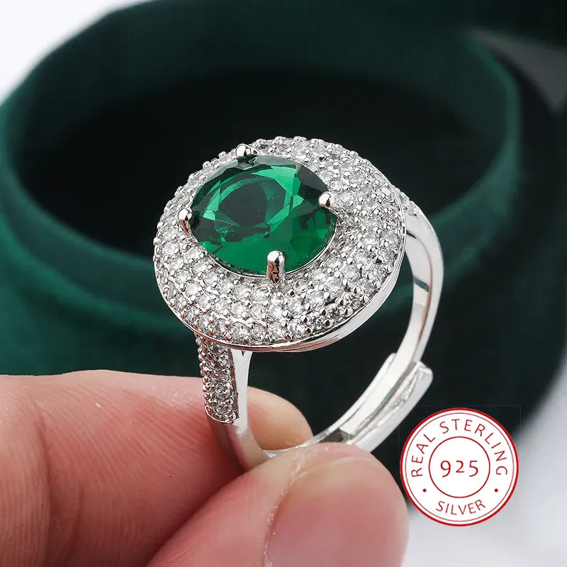 KissICON resizable High Quality 925 Silver Plated Zircon Rings for Women Fashion Green Zircon Jewelry Party Ring Exquisite Wedding Bridal Jewelry