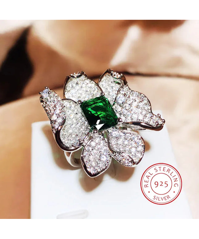 Dropshipman resizable KissIcon Luxury 925 Silver Ring Flower Jewelry Green Zircon
