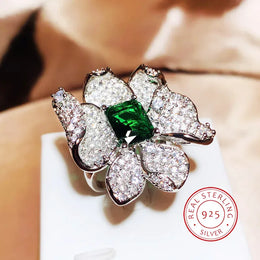 Dropshipman resizable KissIcon Luxury 925 Silver Ring Flower Jewelry Green Zircon
