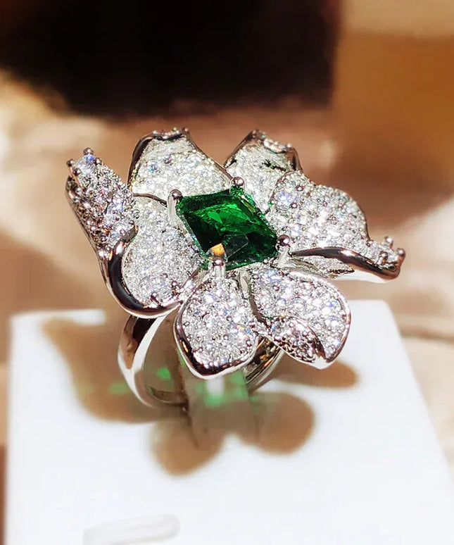 Dropshipman resizable KissIcon Luxury 925 Silver Ring Flower Jewelry Green Zircon