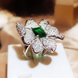 Dropshipman resizable KissIcon Luxury 925 Silver Ring Flower Jewelry Green Zircon