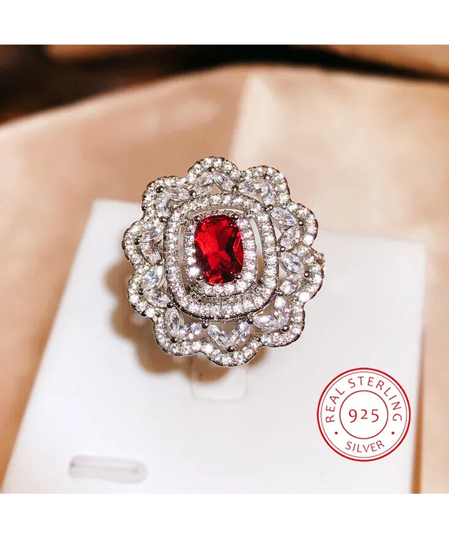KissICON resizable KissIcon Luxury Dark Red CZ Ring For Brides - Floral Design