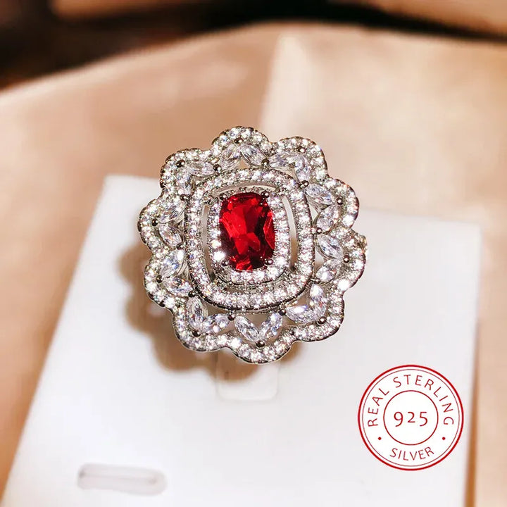 KissIcon Luxury Dark Red CZ Ring For Brides - Floral Design