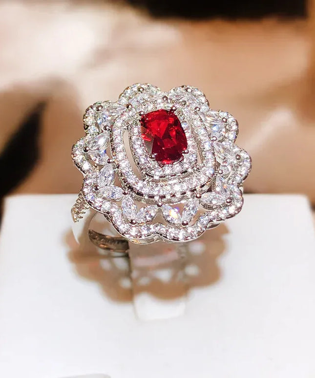 KissICON resizable KissIcon Luxury Dark Red CZ Ring For Brides - Floral Design