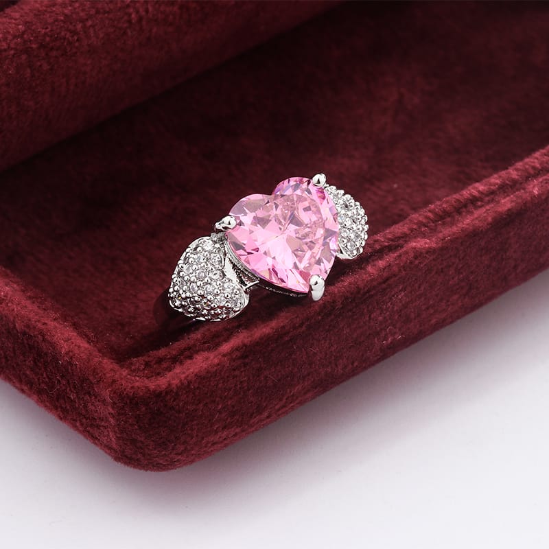 KissICON resizable Micro Heart Zircon Ring 925 Silver Adjustable Pink Diamond