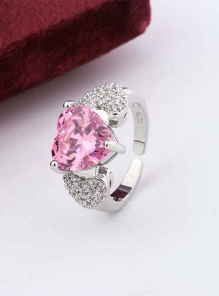 KissICON resizable Micro Heart Zircon Ring 925 Silver Adjustable Pink Diamond