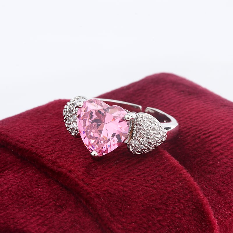 KissICON resizable Micro Heart Zircon Ring 925 Silver Adjustable Pink Diamond