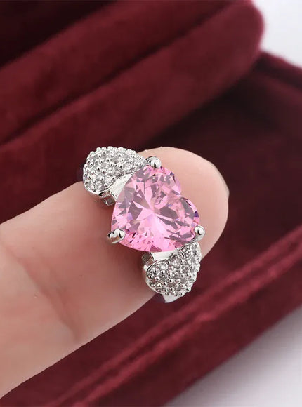 KissICON resizable Micro Heart Zircon Ring 925 Silver Adjustable Pink Diamond