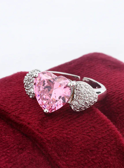KissICON resizable Micro Heart Zircon Ring 925 Silver Adjustable Pink Diamond