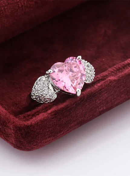 KissICON resizable Micro Heart Zircon Ring 925 Silver Adjustable Pink Diamond