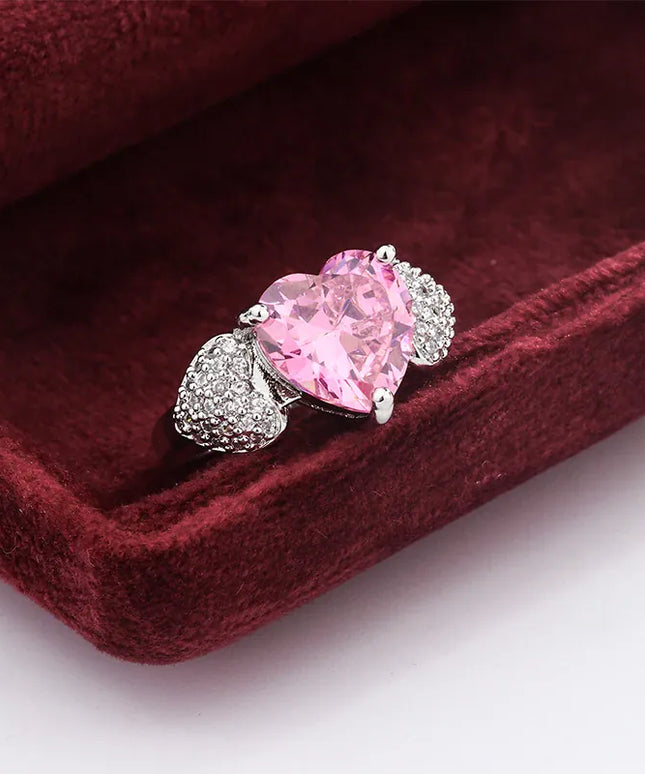 KissICON resizable Micro Heart Zircon Ring 925 Silver Adjustable Pink Diamond