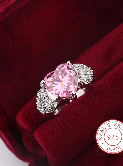 KissICON resizable Micro Heart Zircon Ring 925 Silver Adjustable Pink Diamond