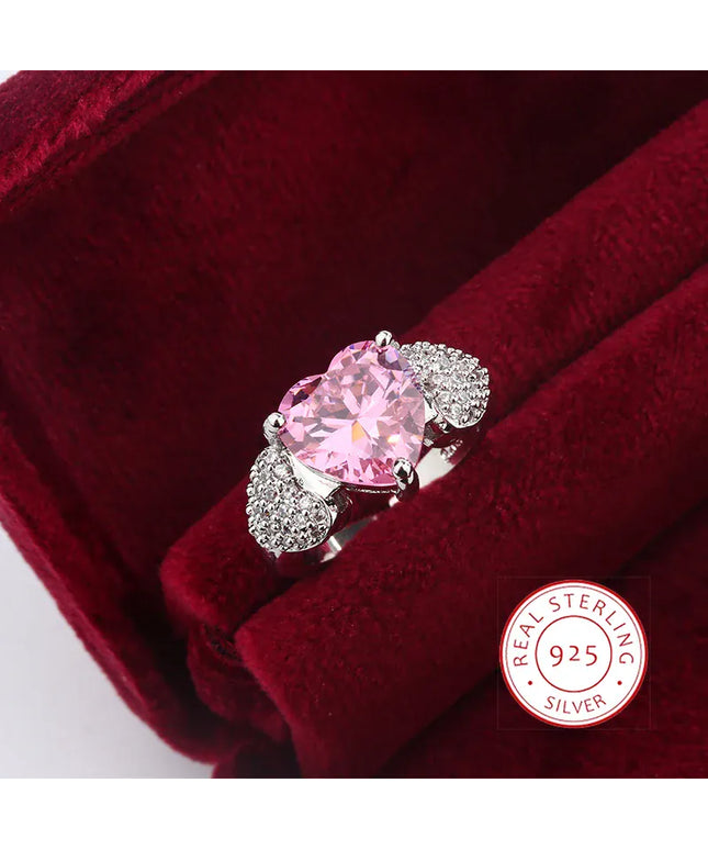 KissICON resizable Micro Heart Zircon Ring 925 Silver Adjustable Pink Diamond