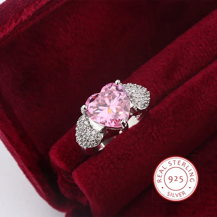Micro Heart Zircon Ring 925 Silver Adjustable Pink Diamond