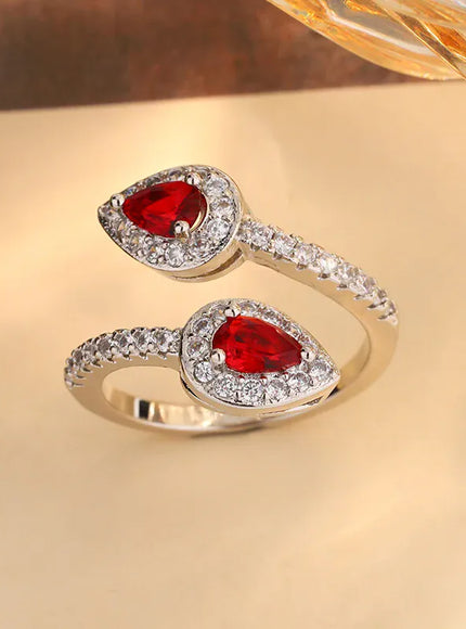 KissICON resizable Sparkling Red Heart Ring for Her - Valentine's Day Gift | Cubic Zirconia in 925 Silver-plated Classic Shiny Band Adjustable Ring