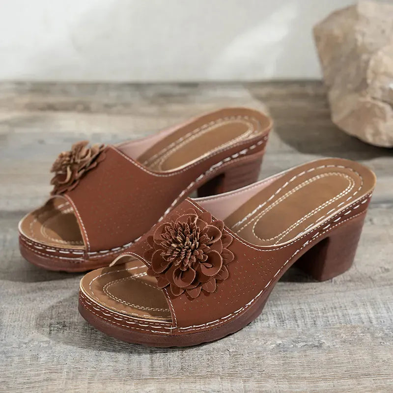 KissICON Retro Flower Decor High Heel Sandals Women Summer