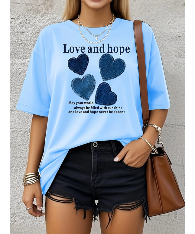 jkthpu-45 Retro Heart Print Plus Size Tee Soft Loose Vacation Style