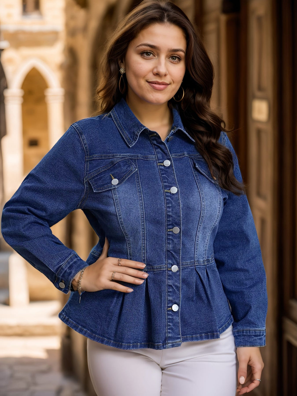 jkthpu-45 Retro PlusSize Ruffled Denim Jacket
