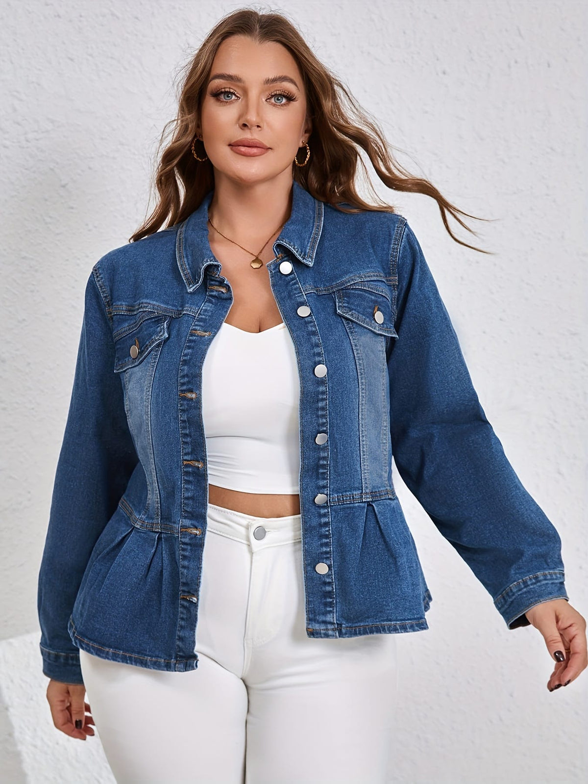 jkthpu-45 Retro PlusSize Ruffled Denim Jacket